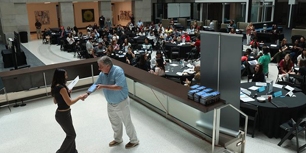 A student receiving an award